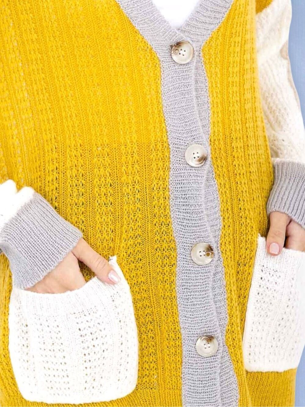 BiBi Mustard Color Block Button Cardigan Sweater | Oversized Cozy Knit | Pockets - Picture 9 of 14